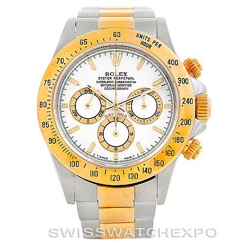 This image shows a front view of a Rolex Daytona 16523 Men's Steel and Gold (two tone) White Dial 16523 Men's Steel and Gold (two tone) White Dial watch, highlighting its face, bezel, and bracelet.