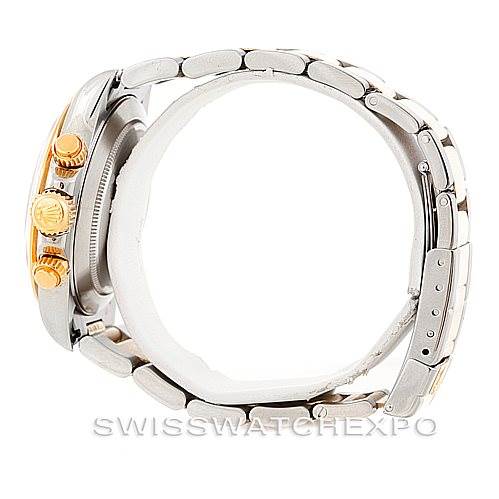 This image shows a side profile of the Rolex Daytona 16523 Men's Steel and Gold (two tone) White Dial 16523 Men's Steel and Gold (two tone) White Dial watch, highlighting the bracelet, clasp, case, and pushers.