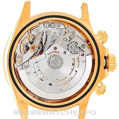 This image shows a rear view of the internal mechanical movement of a Rolex Daytona 116528 Men's Yellow Gold Black Dial 116528 Men's Yellow Gold Black Dial watch.
