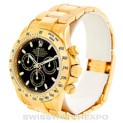 This image shows a side angle of a Rolex Daytona 116528 Men's Yellow Gold Black Dial 116528 Men's Yellow Gold Black Dial watch, highlighting the gold case, black dial, and bracelet links.