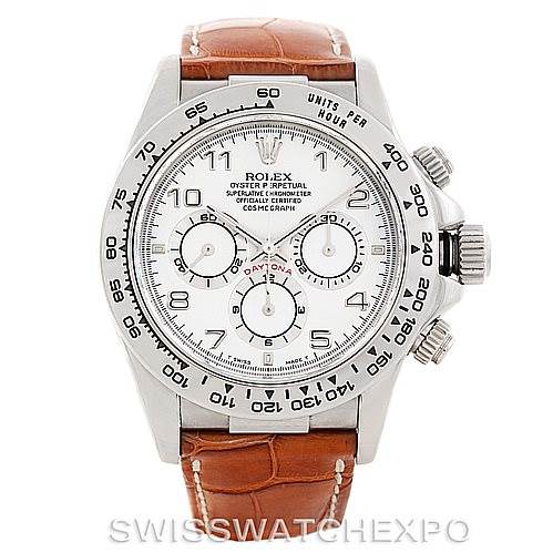 This is a front view of a Rolex Daytona 16519 Men's White Gold White Dial 16519 Men's White Gold White Dial watch with a white dial and a brown leather strap.