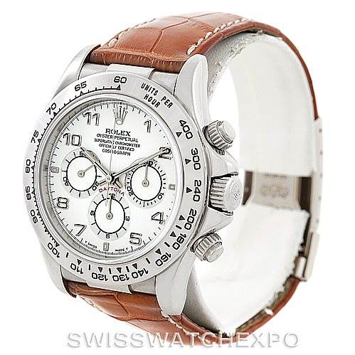 The image shows a Rolex Daytona 16519 Men's White Gold White Dial 16519 Men's White Gold White Dial watch angled to display the dial, bezel, and side buttons with a brown leather strap.