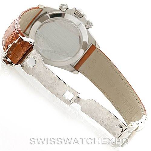 The image shows the backside and strap of a Rolex Daytona 16519 Men's White Gold White Dial 16519 Men's White Gold White Dial watch, highlighting the case back, leather strap, and clasp.