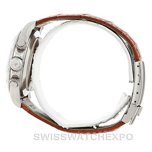 The image shows a side view of a Rolex Daytona 16519 Men's White Gold White Dial 16519 Men's White Gold White Dial watch with crown, pushers, and leather strap visible.