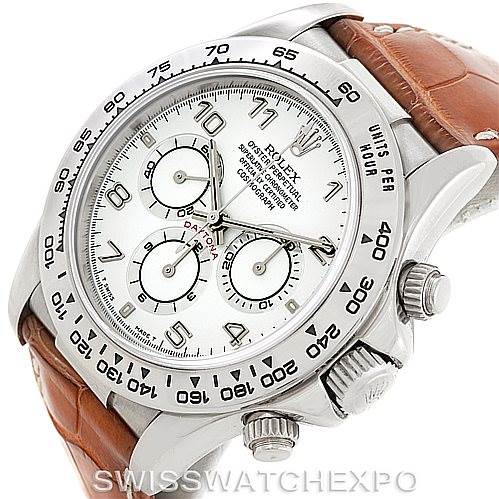 The image shows a close-up angled view of a Rolex Daytona 16519 Men's White Gold White Dial 16519 Men's White Gold White Dial watch with a white dial and brown leather strap.