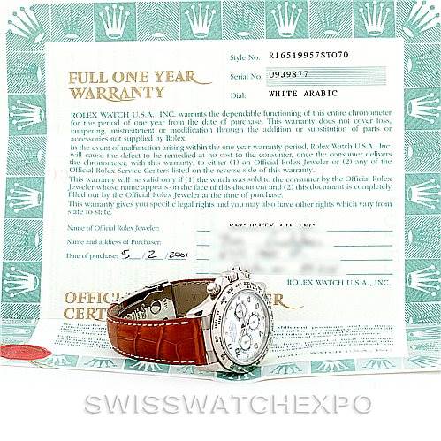 The image shows a Rolex Daytona 16519 Men's White Gold White Dial 16519 Men's White Gold White Dial watch at a slight side angle, with a leather strap, placed in front of a warranty certificate.