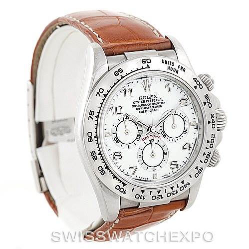 This image shows the Rolex Daytona 16519 Men's White Gold White Dial 16519 Men's White Gold White Dial watch at a front-left angle, highlighting the dial, bezel, and brown leather band.
