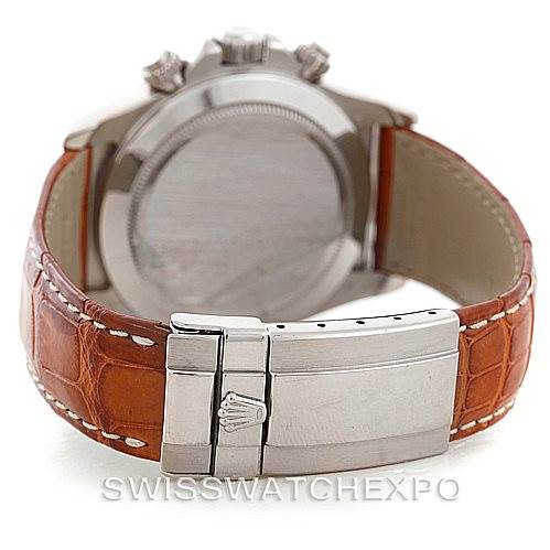 The image shows the back view of a Rolex Daytona 16519 Men's White Gold White Dial 16519 Men's White Gold White Dial watch featuring a brown leather strap and a closed clasp.