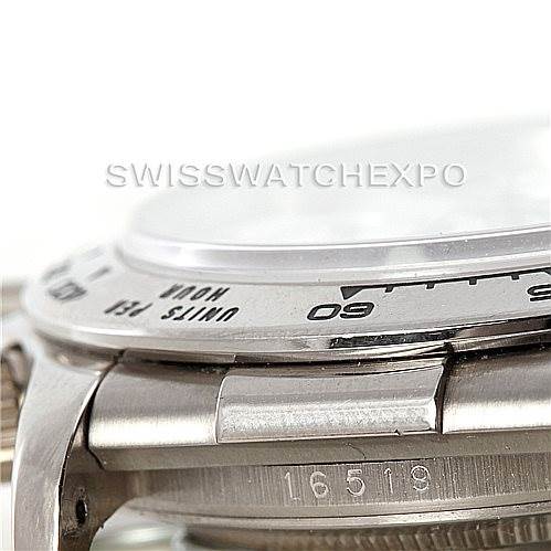 The image shows a close-up side view of the bezel and part of the case of a Rolex Daytona 16519 Men's White Gold White Dial 16519 Men's White Gold White Dial watch, highlighting its model number 16519.