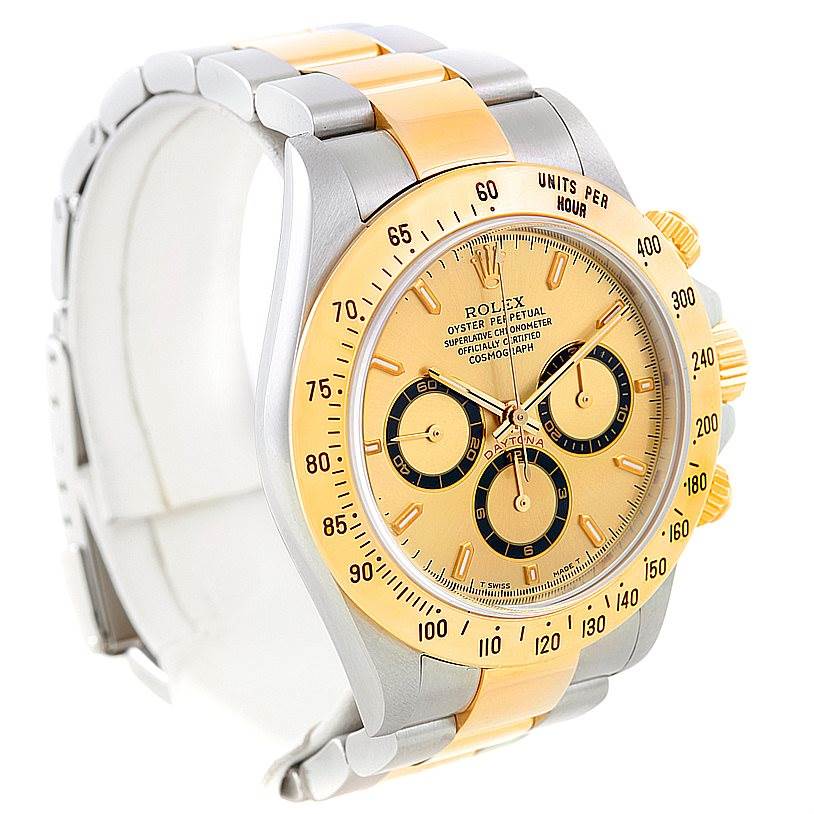 This image shows a Rolex Daytona 16523 Men's Steel and Gold (two tone) Champagne Dial 16523 Men's Steel and Gold (two tone) Champagne Dial watch from an angled side view, highlighting its case, bezel, dial, and bracelet in gold and silver tones.