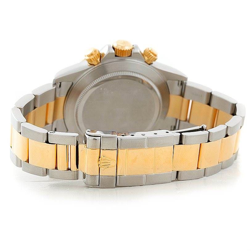 The image shows the back view and bracelet of a Rolex Daytona 16523 Men's Steel and Gold (two tone) Champagne Dial 16523 Men's Steel and Gold (two tone) Champagne Dial watch, highlighting its two-tone metal design and clasp.