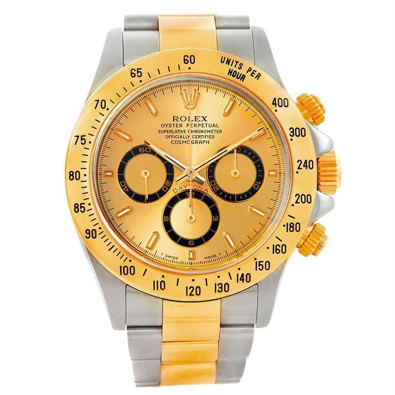 This image shows a full frontal view of a Rolex Daytona 16523 Men's Steel and Gold (two tone) Champagne Dial 16523 Men's Steel and Gold (two tone) Champagne Dial watch, highlighting the dial, bezel, and bracelet.