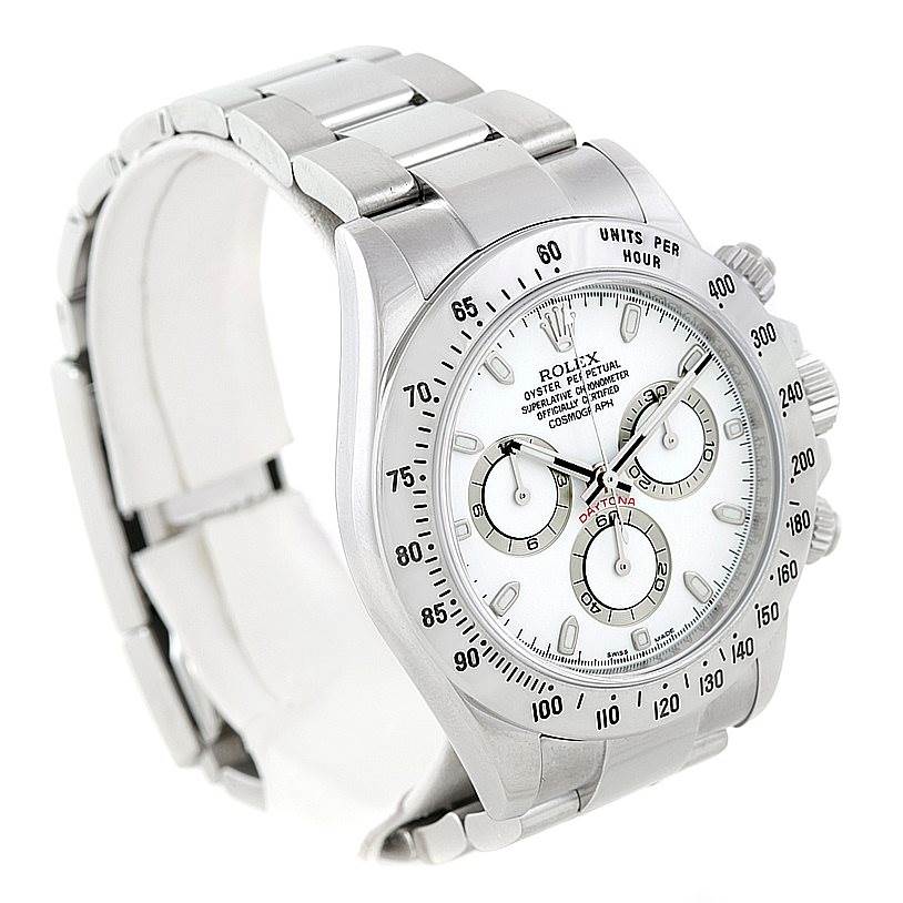 The Rolex Daytona 116520 Men's Stainless Steel White Dial 116520 Men's Stainless Steel White Dial watch is shown at an angled side view, highlighting the face, bezel, chronograph dials, and stainless steel bracelet.
