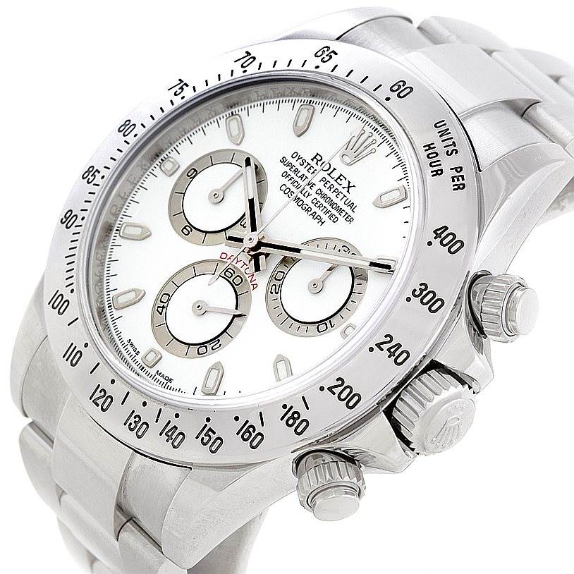 The image shows a Rolex Daytona 116520 Men's Stainless Steel White Dial 116520 Men's Stainless Steel White Dial watch at a slight angle, displaying the dial, bezel, and pushers on the side.