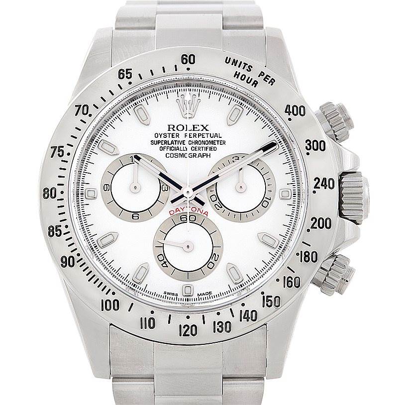 The image shows a front view of the Rolex Daytona 116520 Men's Stainless Steel White Dial 116520 Men's Stainless Steel White Dial watch, including the face, bezel, and parts of the bracelet.