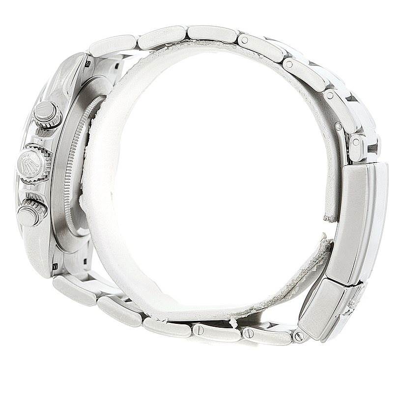 This image shows the side view of the Rolex Daytona 116520 Men's Stainless Steel White Dial 116520 Men's Stainless Steel White Dial watch, highlighting the crown, pushers, and metal bracelet.