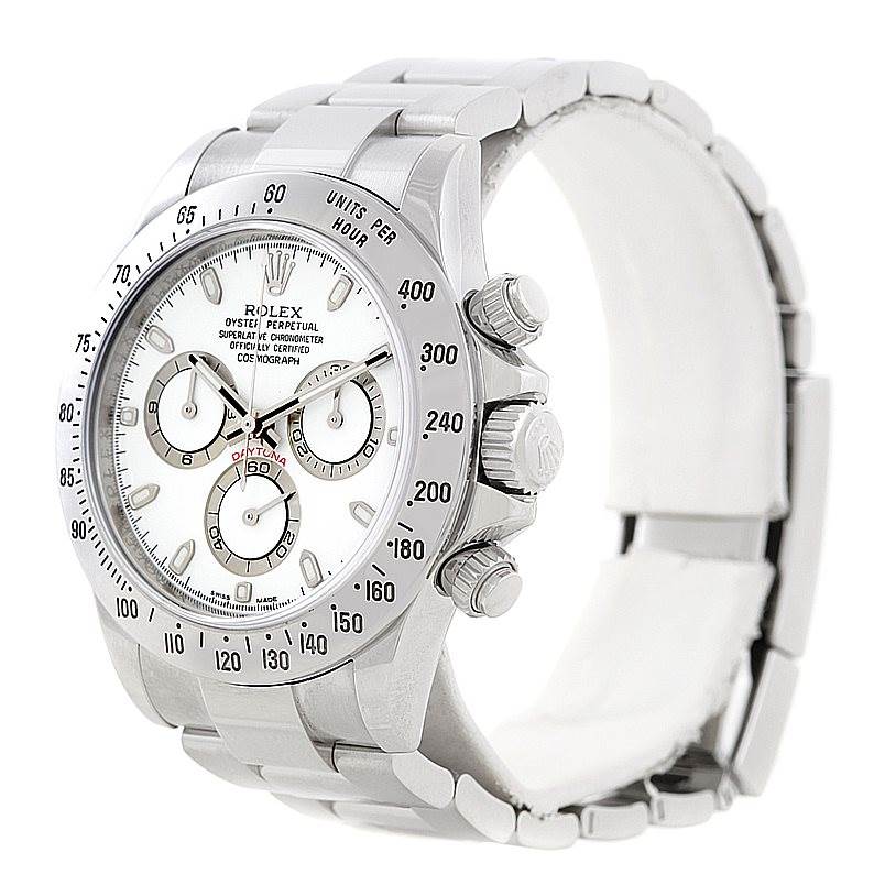 The image shows a side angle of a Rolex Daytona 116520 Men's Stainless Steel White Dial 116520 Men's Stainless Steel White Dial watch, highlighting the crown, pushers, dial, and bracelet.