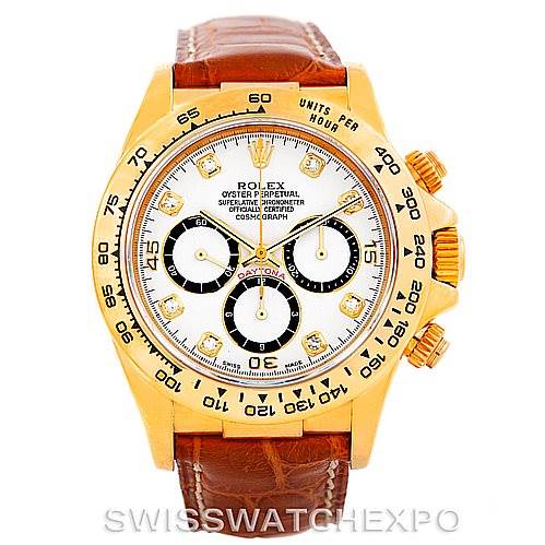 The image shows a front view of a Rolex Daytona 16518 Men's Yellow Gold White Dial 16518 Men's Yellow Gold White Dial watch with a gold case and brown leather strap.