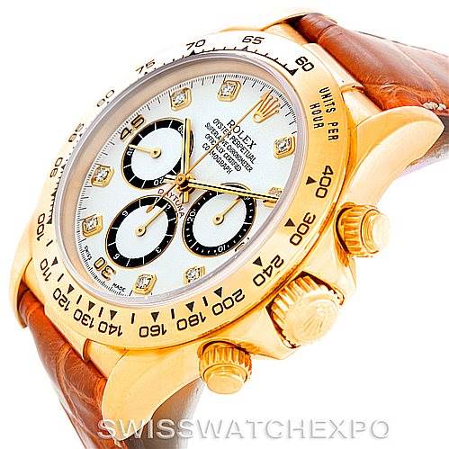 The image shows a side angle of the Rolex Daytona 16518 Men's Yellow Gold White Dial 16518 Men's Yellow Gold White Dial, highlighting its dial, bezel, crown, and leather band.