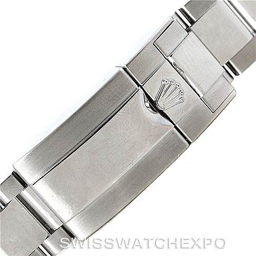 This image shows a close-up of the clasp on a Rolex Daytona 116520 Men's Stainless Steel Black Dial 116520 Men's Stainless Steel Black Dial watch bracelet, featuring the Rolex crown logo.
