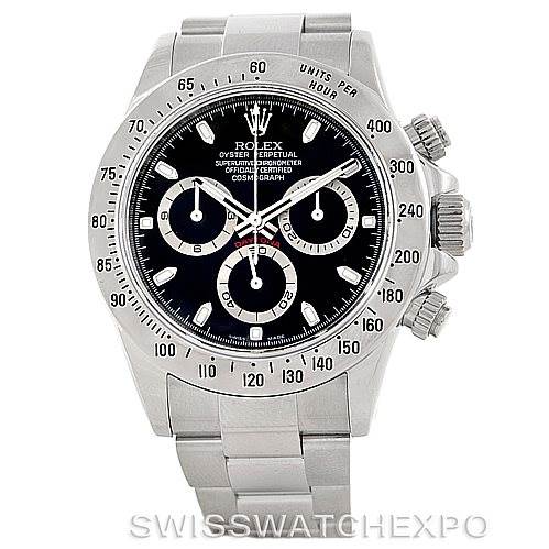 The image shows a Rolex Daytona 116520 Men's Stainless Steel Black Dial 116520 Men's Stainless Steel Black Dial model watch from a front angle, displaying the face, bezel, pushers, and part of the bracelet.