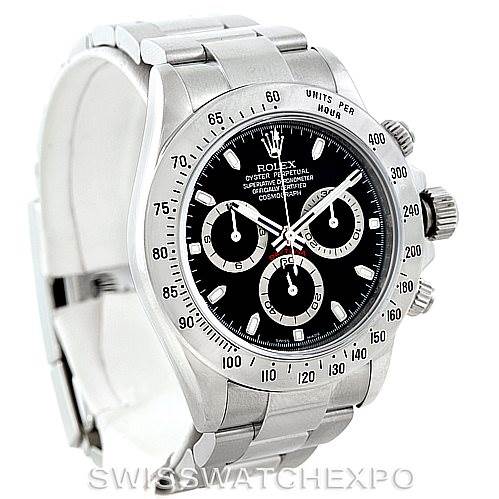 The image shows a Rolex Daytona 116520 Men's Stainless Steel Black Dial 116520 Men's Stainless Steel Black Dial watch at a slight angle, highlighting its black dial, chronograph subdials, and stainless steel bracelet.