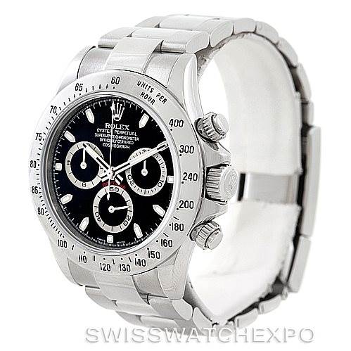 This image shows a side-angled view of the Rolex Daytona 116520 Men's Stainless Steel Black Dial 116520 Men's Stainless Steel Black Dial watch, highlighting its dial, bezel, and bracelet.