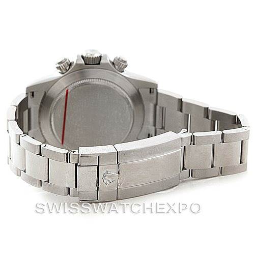 The image shows the back side of a Rolex Daytona 116520 Men's Stainless Steel Black Dial 116520 Men's Stainless Steel Black Dial watch, highlighting the case, clasp, and bracelet.