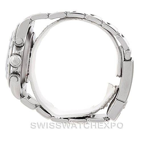 The image shows a side profile angle of a Rolex Daytona 116520 Men's Stainless Steel Black Dial 116520 Men's Stainless Steel Black Dial watch, featuring the band, crown, and pushers.