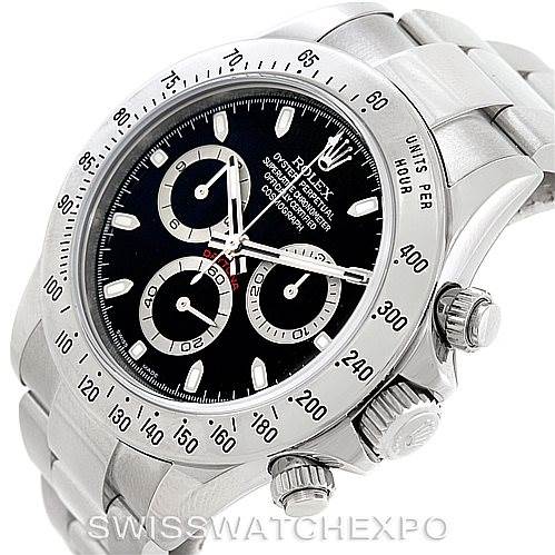 This image shows a close-up side angle of a Rolex Daytona 116520 Men's Stainless Steel Black Dial 116520 Men's Stainless Steel Black Dial watch, highlighting the bezel, crown, pushers, and bracelet.
