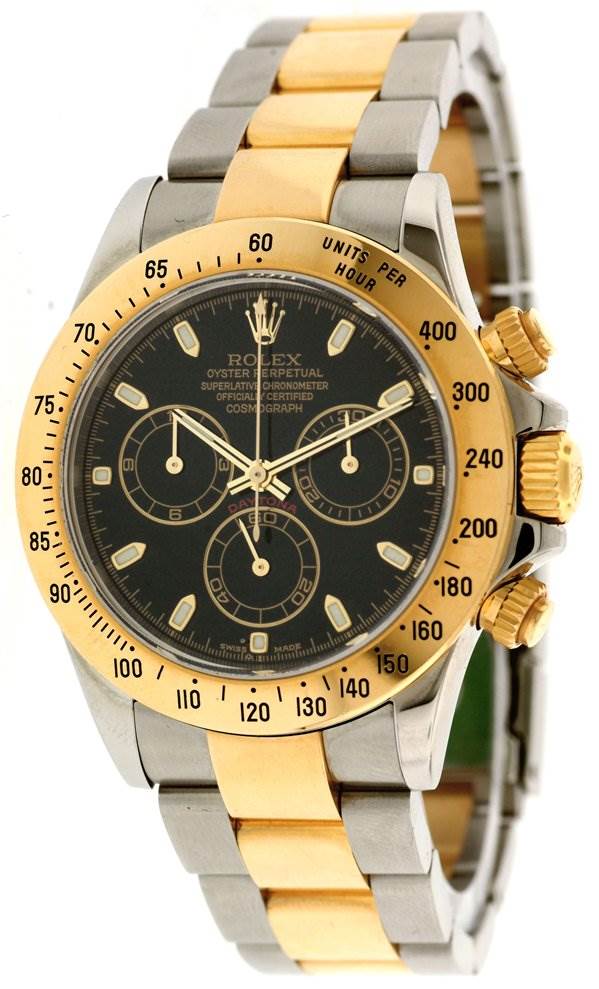 The image shows a front angle of a Rolex Daytona 116523 Men's Stainless Steel Black Dial 116523 Men's Stainless Steel Black Dial model, highlighting its dial, bezel, pushers, and two-tone bracelet.