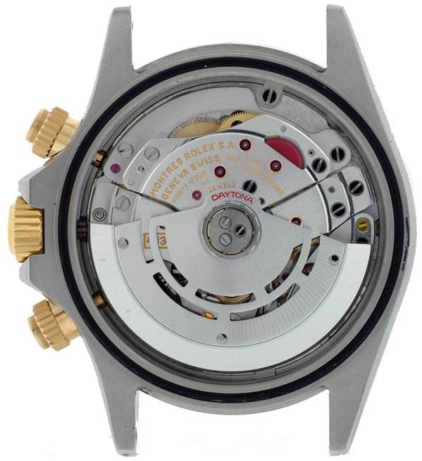 This image shows the movement and internal mechanics of a Rolex Daytona 116523 Men's Stainless Steel Black Dial 116523 Men's Stainless Steel Black Dial watch from a rear, case-back removed angle.