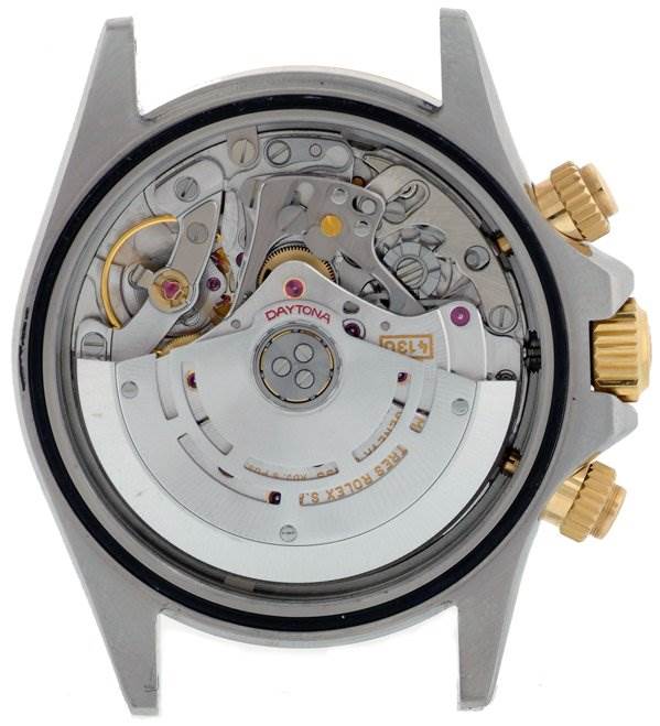 The image shows the back of a Rolex Daytona 116523 Men's Stainless Steel Black Dial 116523 Men's Stainless Steel Black Dial watch, highlighting its exposed internal movement and mechanics.