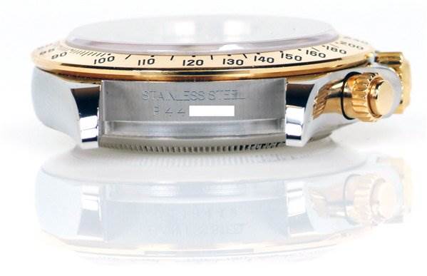 This image shows a side view of a Rolex Daytona 116523 Men's Stainless Steel Black Dial 116523 Men's Stainless Steel Black Dial watch case, emphasizing the bezel, crown, and part of the casing.