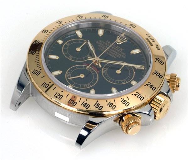 This image shows a Rolex Daytona 116523 Men's Stainless Steel Black Dial 116523 Men's Stainless Steel Black Dial watch at an oblique angle, highlighting the bezel, crown, and pushers.