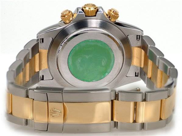 The image shows the back view of a Rolex Daytona 116523 Men's Stainless Steel Black Dial 116523 Men's Stainless Steel Black Dial watch, highlighting its clasp and bracelet.