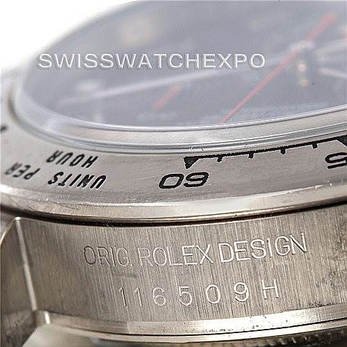 The image shows a close-up of the bezel and case side of a Rolex Daytona 116509 Men's White Gold Black Dial 116509 Men's White Gold Black Dial watch, displaying the model number and "ORIG ROLEX DESIGN" engraving.