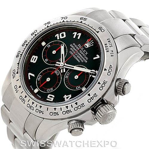 The image shows a Rolex Daytona 116509 Men's White Gold Black Dial 116509 Men's White Gold Black Dial watch at a slight angle, displaying the dial, bezel, and crown with pushers.