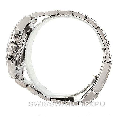 Side profile view of a Rolex Daytona 116509 Men's White Gold Black Dial 116509 Men's White Gold Black Dial watch, showcasing its crown, pushers, and bracelet.