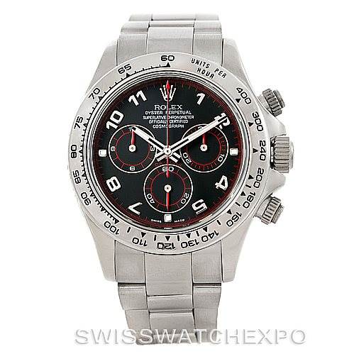The image shows a front view of a Rolex Daytona 116509 Men's White Gold Black Dial 116509 Men's White Gold Black Dial watch, displaying the face, bezel, and bracelet.