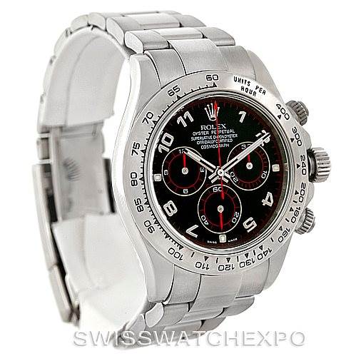 The image shows a side profile of the Rolex Daytona 116509 Men's White Gold Black Dial 116509 Men's White Gold Black Dial watch, highlighting its bracelet, bezel, and dial.