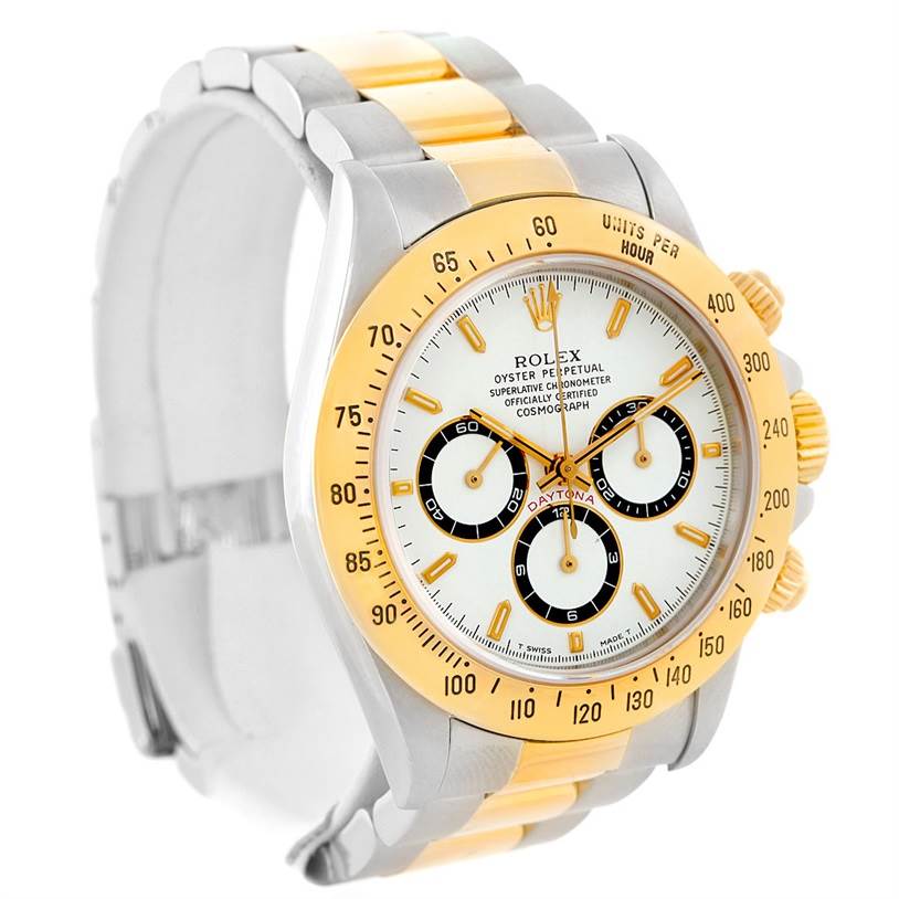 The image shows a Rolex Daytona 16523 Men's Steel and Gold (two tone) White Dial 16523 Men's Steel and Gold (two tone) White Dial watch from a front angle, highlighting the dial, bezel, and bracelet.