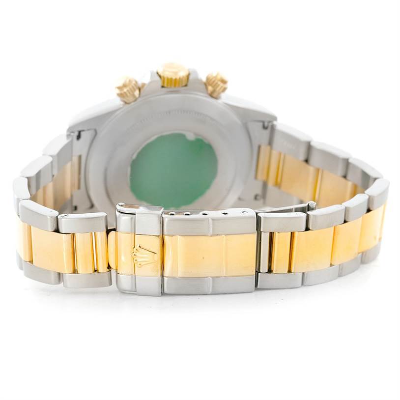 The image shows the back view of a Rolex Daytona 16523 Men's Steel and Gold (two tone) White Dial 16523 Men's Steel and Gold (two tone) White Dial watch, highlighting the two-tone bracelet and clasp.