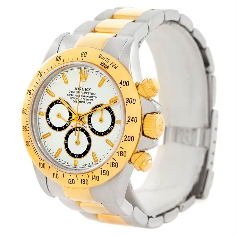 This image shows a close-up angled view of a Rolex Daytona 16523 Men's Steel and Gold (two tone) White Dial 16523 Men's Steel and Gold (two tone) White Dial watch, highlighting the dial, bezel, crown, and bracelet.