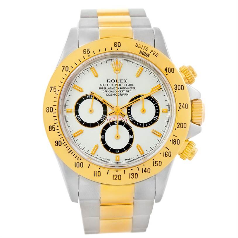 The image shows a Rolex Daytona 16523 Men's Steel and Gold (two tone) White Dial 16523 Men's Steel and Gold (two tone) White Dial watch face and band from a straight-on angle.
