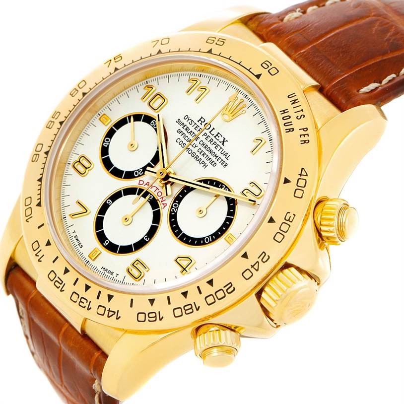 The image shows a close-up angle of the Rolex Daytona 16518 Men's Yellow Gold White Dial 16518 Men's Yellow Gold White Dial watch, highlighting its dial, bezel, and brown leather strap.