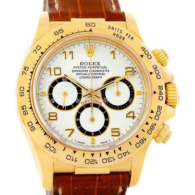 This image shows a front view of a Rolex Daytona 16518 Men's Yellow Gold White Dial 16518 Men's Yellow Gold White Dial watch, highlighting the dial, bezel, pushers, crown, and leather strap.