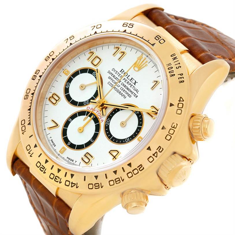 The image shows a close-up angle of the Rolex Daytona 16518 Men's Yellow Gold White Dial 16518 Men's Yellow Gold White Dial watch, highlighting its face, bezel, and side pushers.