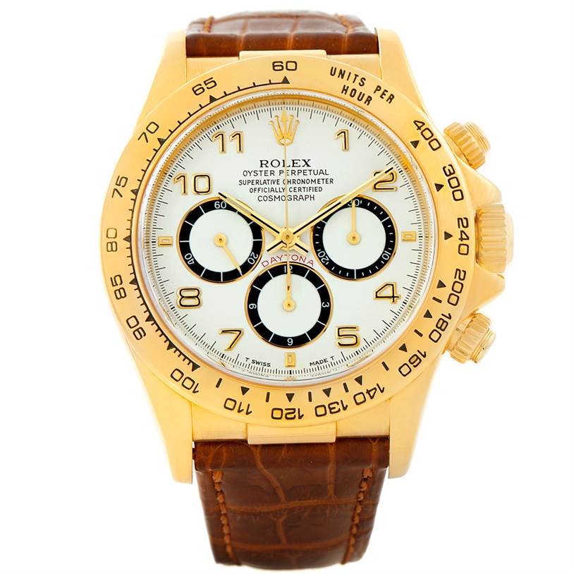 The Rolex Daytona 16518 Men's Yellow Gold White Dial 16518 Men's Yellow Gold White Dial watch is shown from the front, highlighting the dial, bezel, crown, pushers, and leather strap.