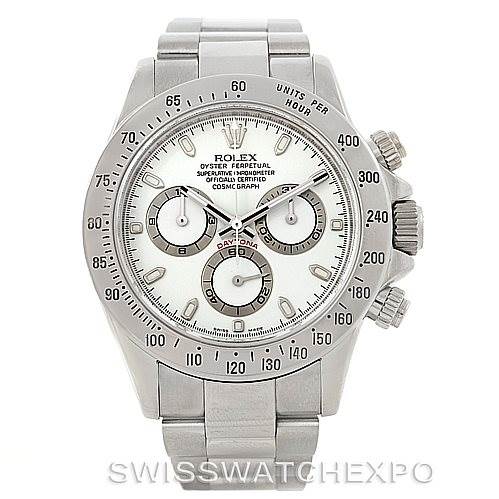 This image displays a Rolex Daytona 116520 Men's Stainless Steel White Dial 116520 Men's Stainless Steel White Dial watch viewed from the front, showcasing its dial, bezel, and bracelet.